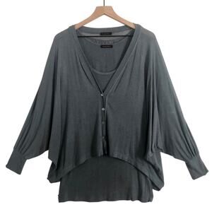 Emily Blu Knit Dusty Blue Long Sleeve Round Neck Cardigan Tank Sweater Top
